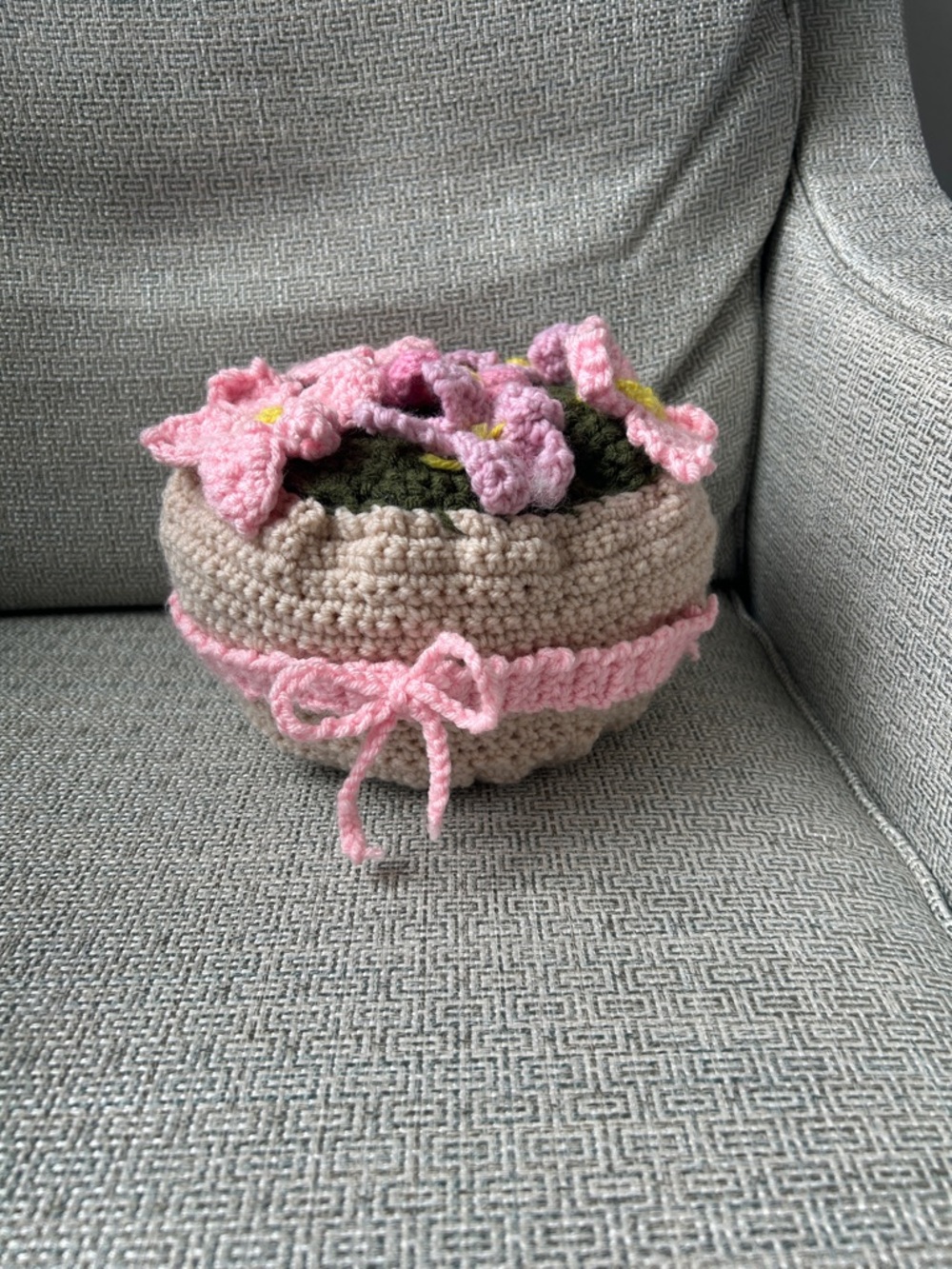 Handmade Crochet Flower Basket - Pink & Beige